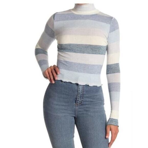 Love,Fire Womens Lettuce Edge Mock Neck Long Sleeve Top LT. Blue Multi Stripe XL - Picture 1 of 3